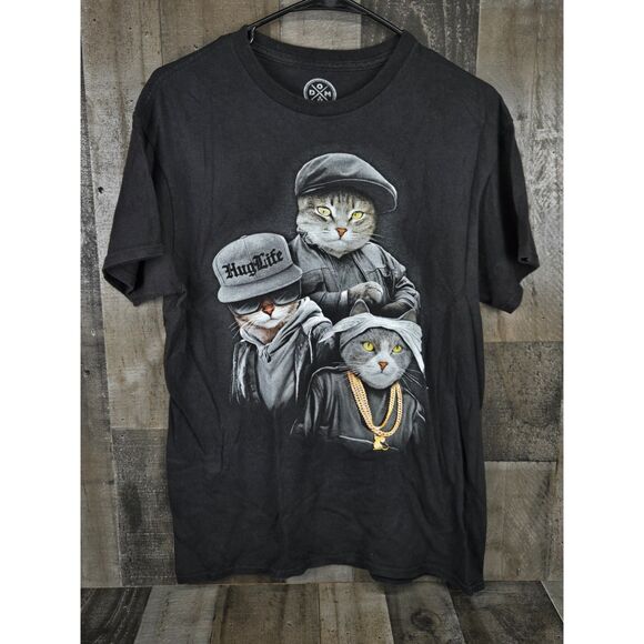 Cat Rapper Trio Hug Life Black Cotton T-Shirt By DOM Size Med - Picture 5 of 5